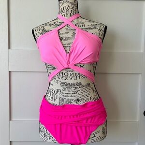 Retro Stage Two-Piece Pink Strappy Bikini